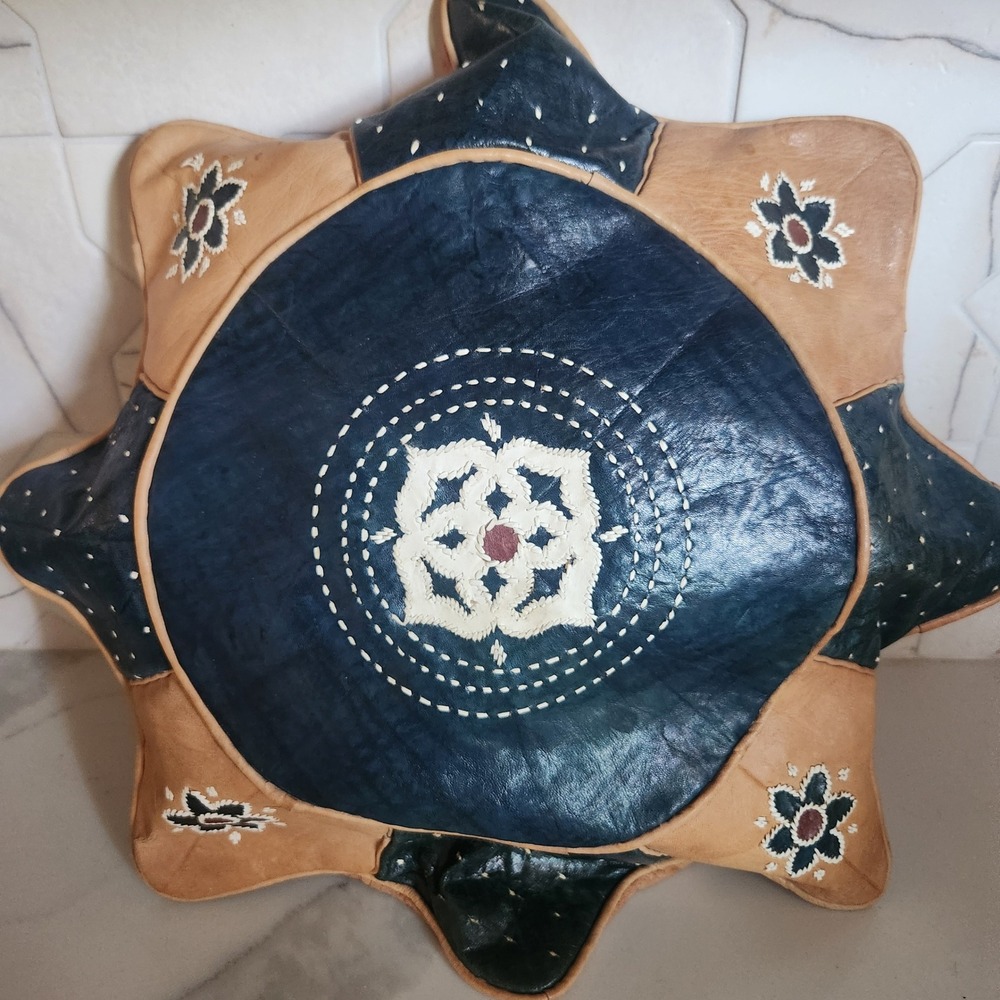 Vintage Moroccan Leather Star Pouf Hand Stitched Navy Tan Floor Pillow Cover